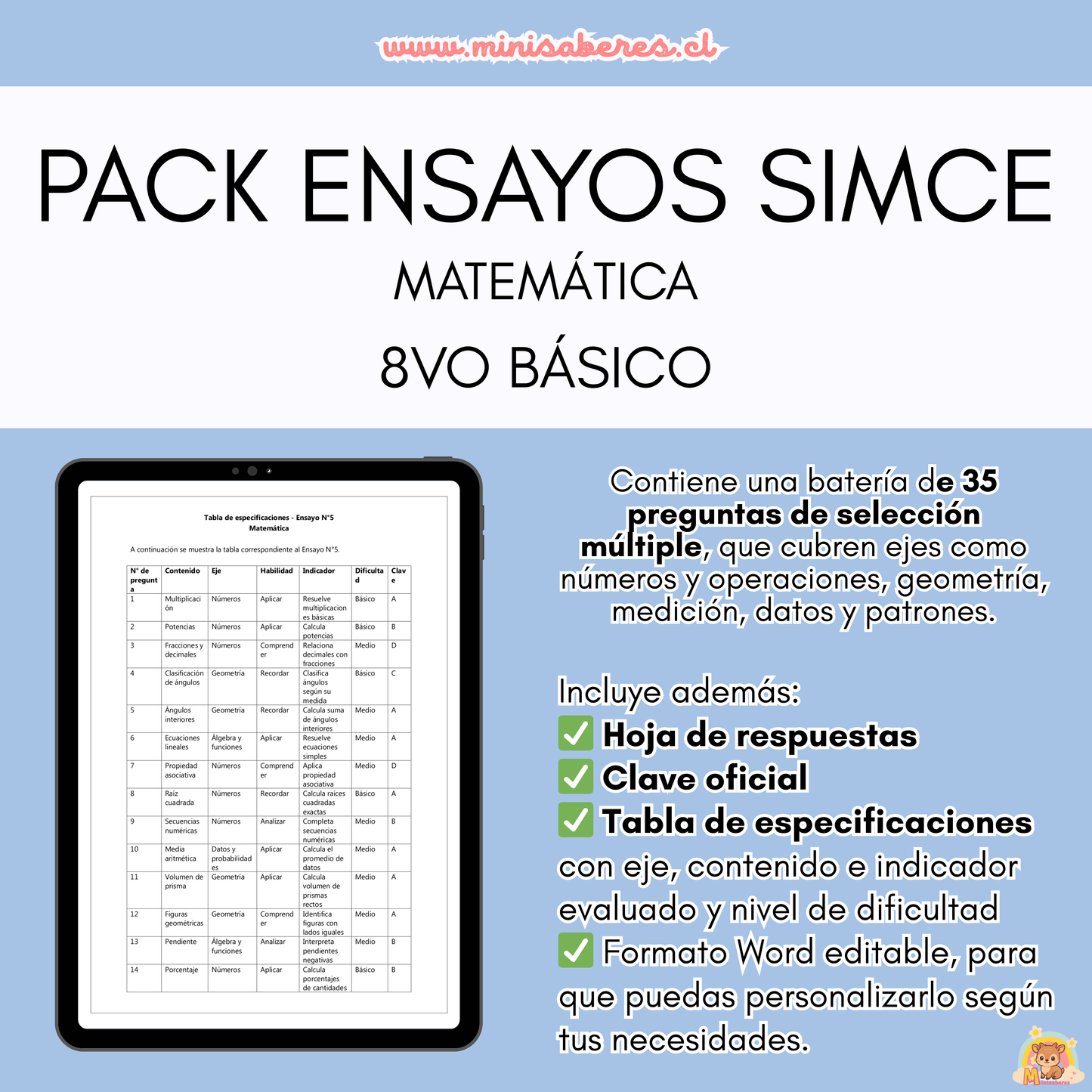 PACK Ensayos SIMCE - Matemática 8° básico
