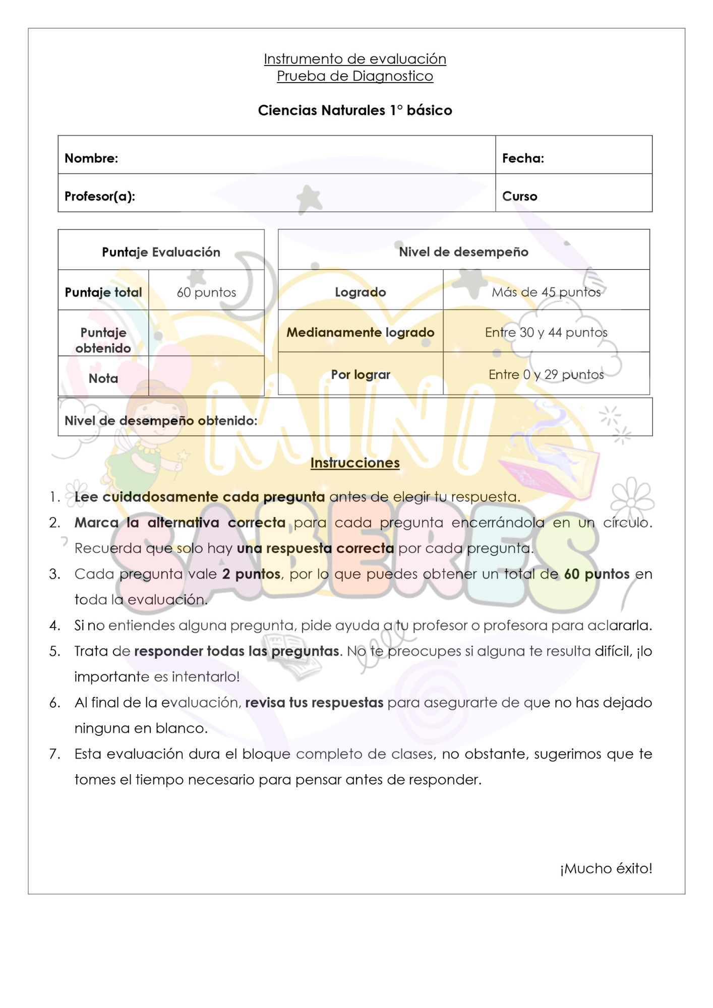 Evaluación Diagnóstica - Ciencias Naturales (CN) 1° básico