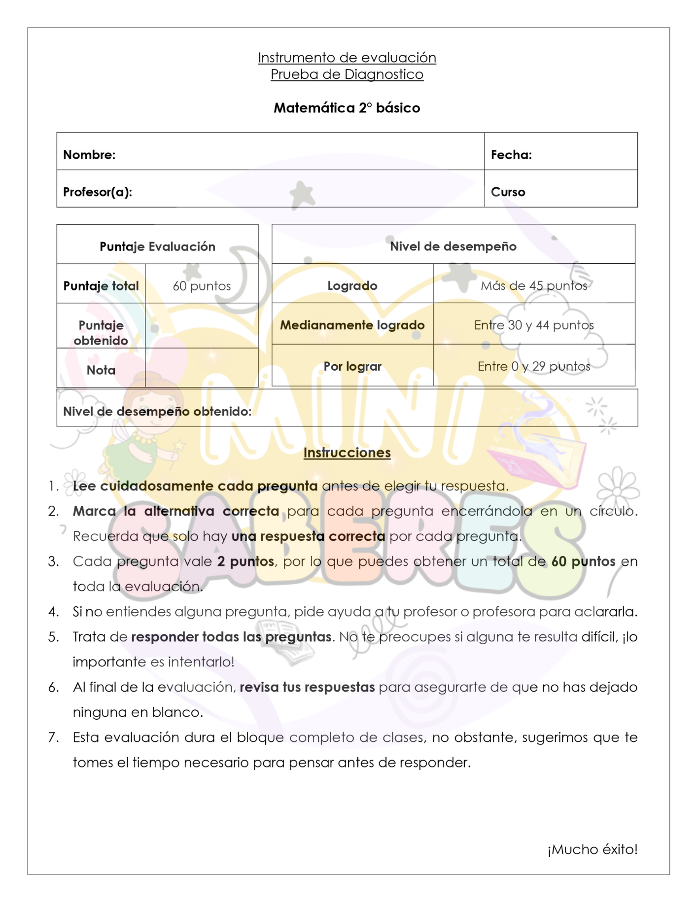 Evaluación Diagnóstica - Matemática (MAT) 2° básico
