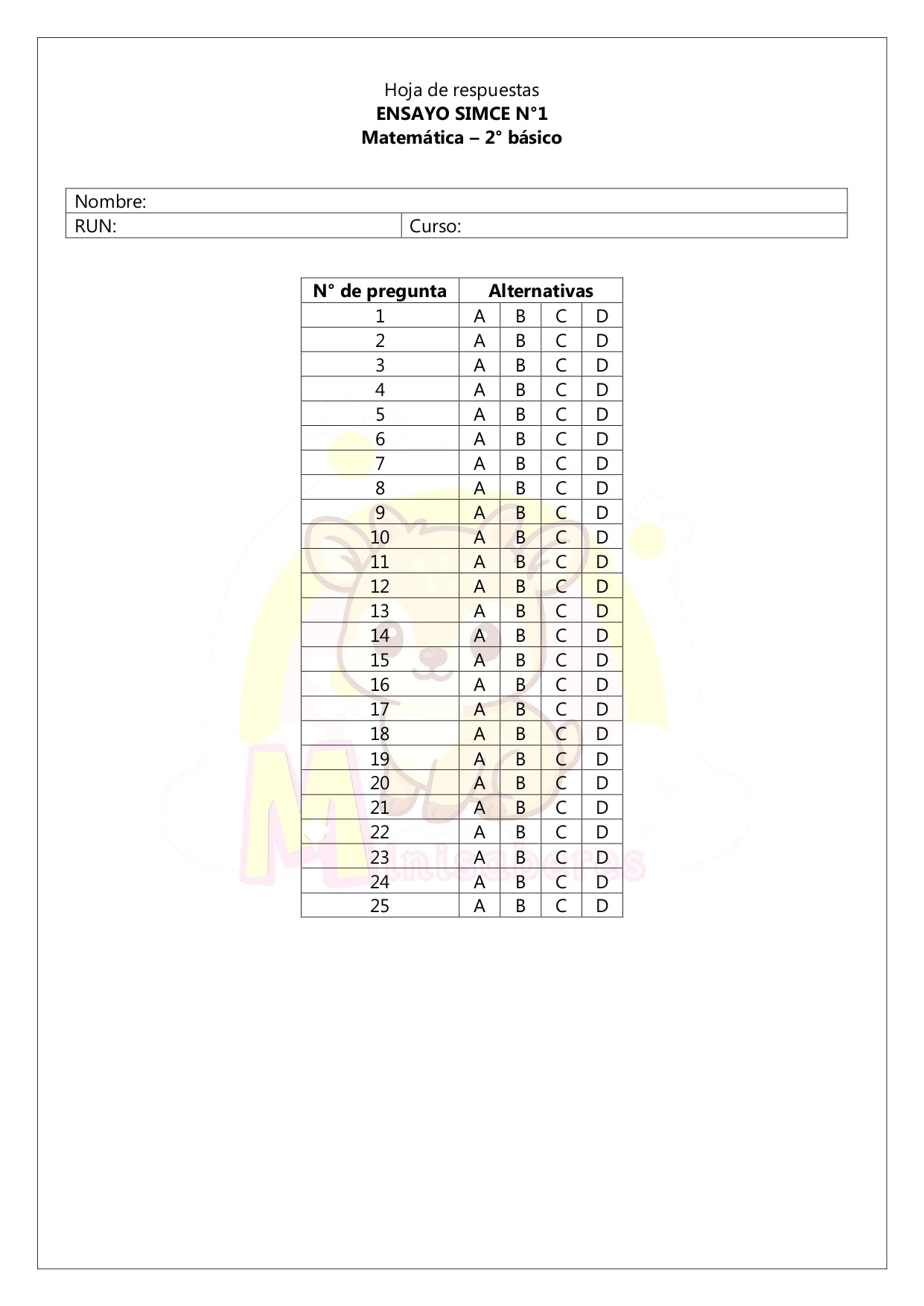 Ensayo SIMCE N°1 Matemática - 2° Básico
