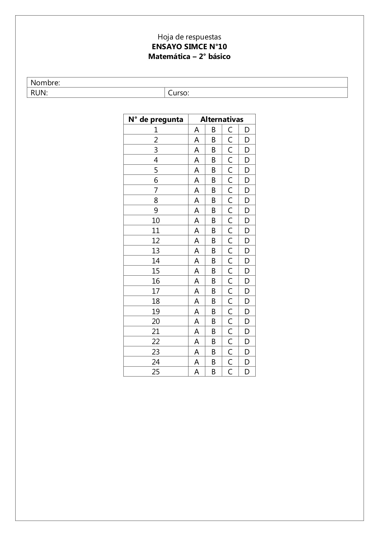 Ensayo SIMCE N°10 Matemática - 2° Básico