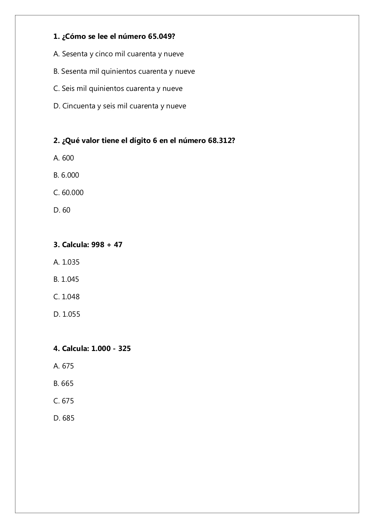 Ensayo SIMCE N°5 Matemática - 4° Básico