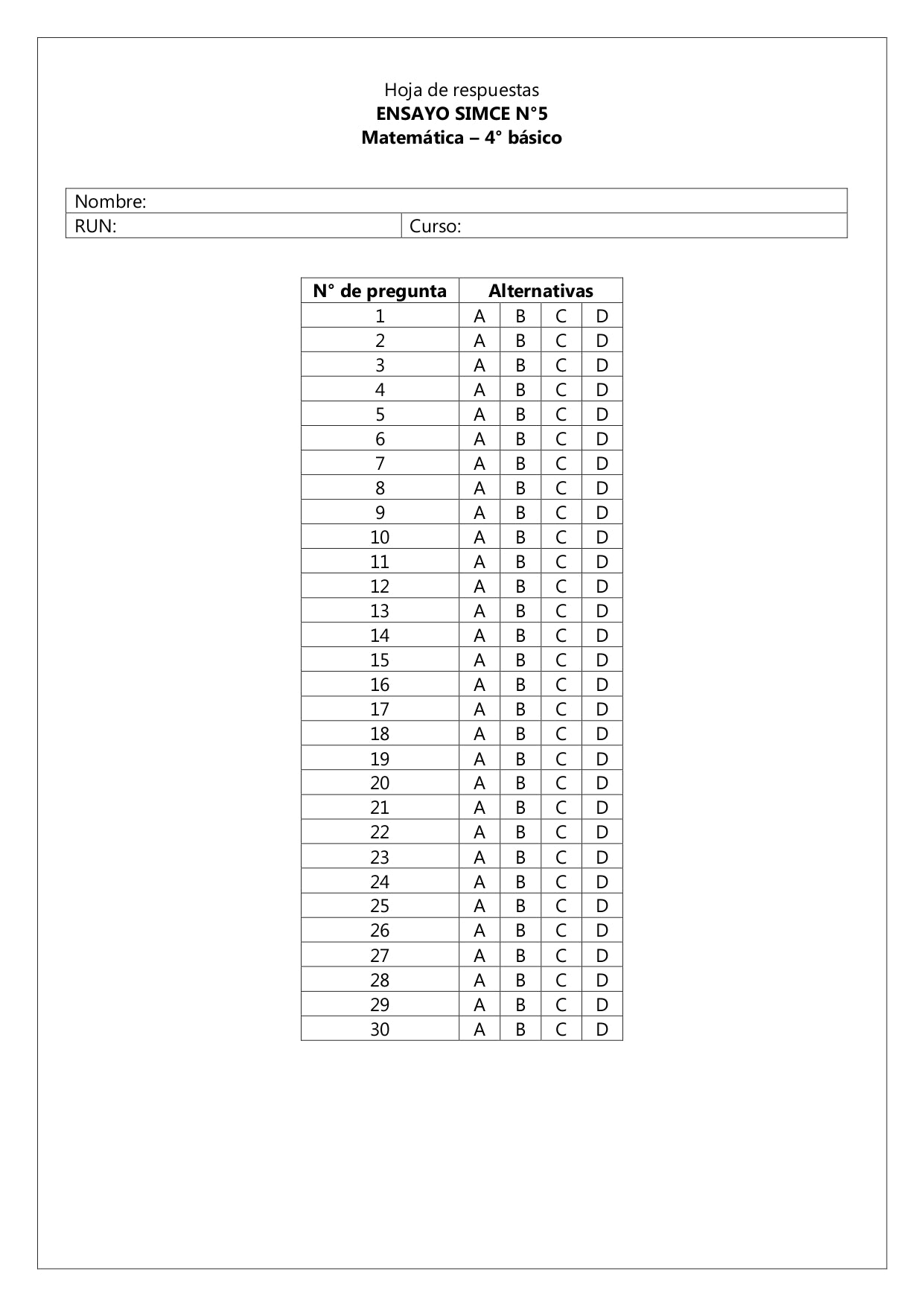 Ensayo SIMCE N°5 Matemática - 4° Básico