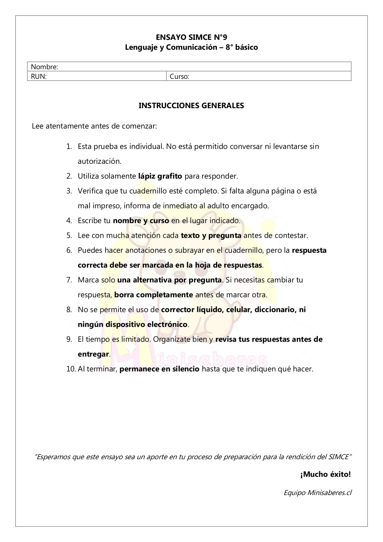 Ensayo SIMCE Lenguaje 8° Básico – N°9