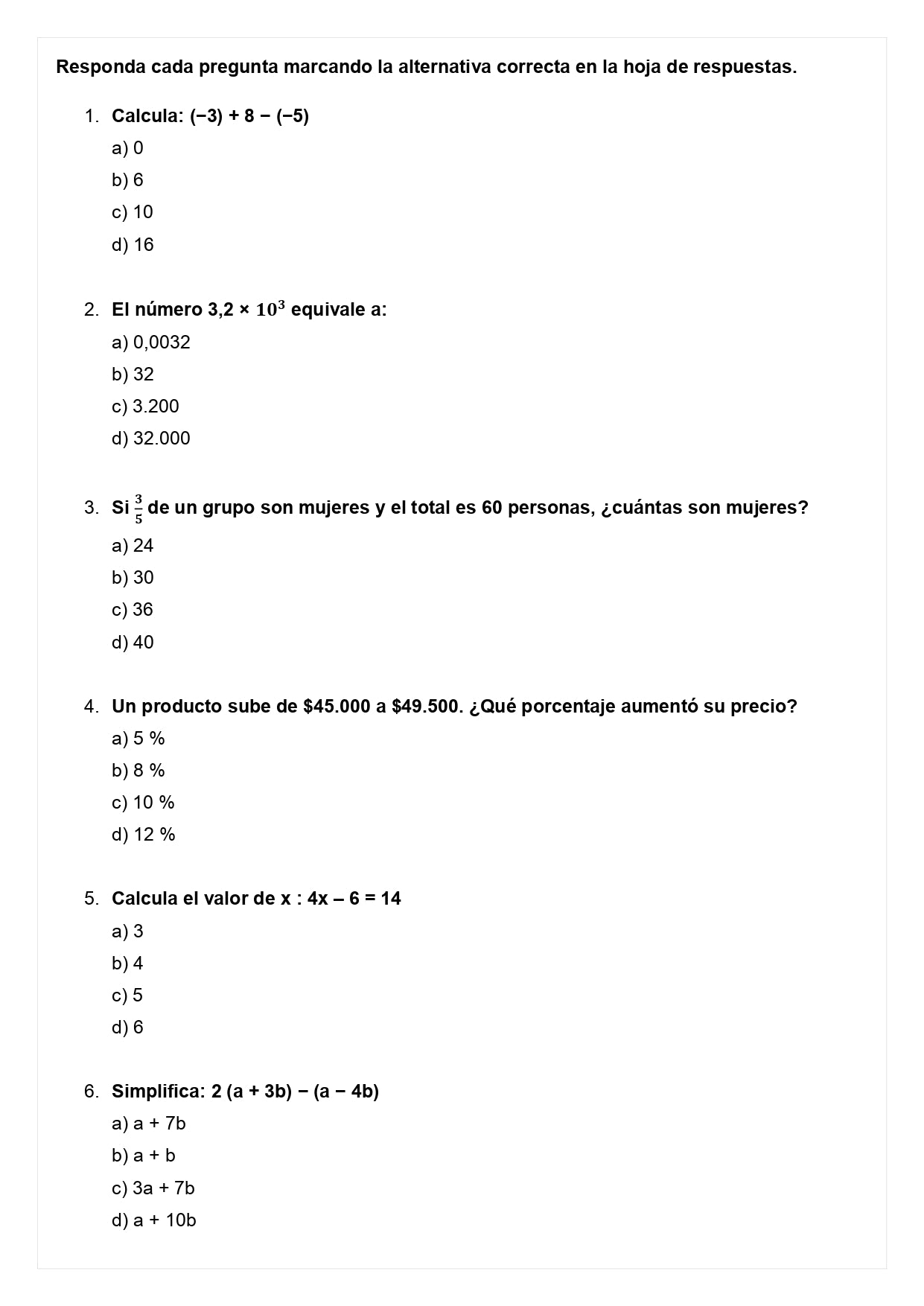 Ensayo SIMCE A - Matemática 8° básico