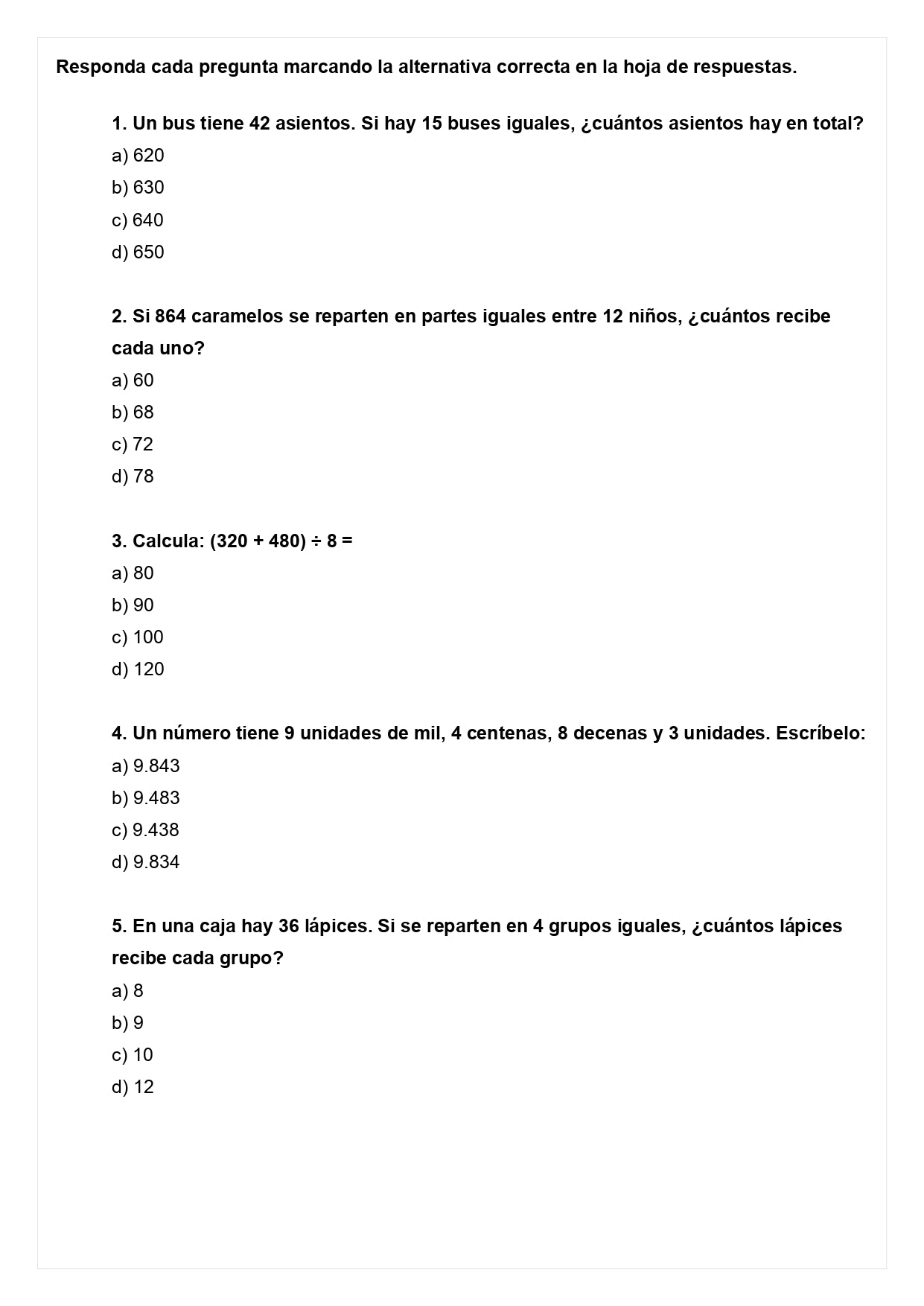 Ensayo SIMCE D - Matemática 4° básico