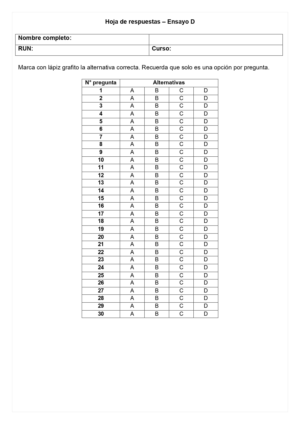 Ensayo SIMCE D - Matemática 4° básico