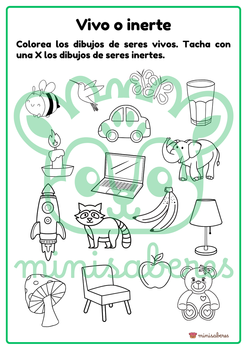 Ficha de trabajo: Vivo o inerte | Ciencias - 1° básico – Minisaberes