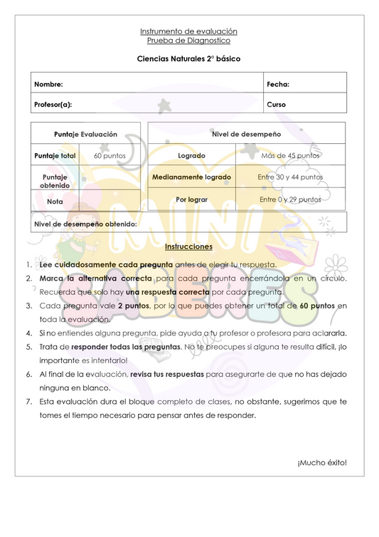 Evaluación Diagnóstica - Ciencias Naturales (CN) 2° básico