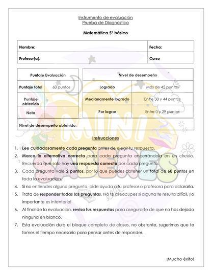 Evaluación Diagnóstica - Matemática (MAT) 5° básico
