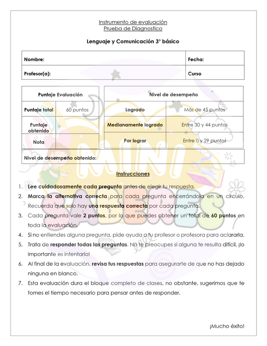Evaluación Diagnóstica - Lenguaje y Comunicación (LyC) 3° básico