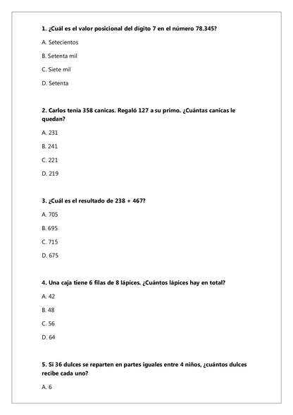 Ensayo SIMCE N°1 Matemática - 4° Básico