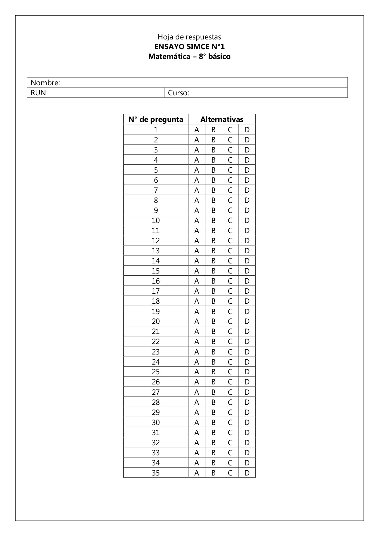 Ensayo SIMCE N°1 Matemática - 8° Básico