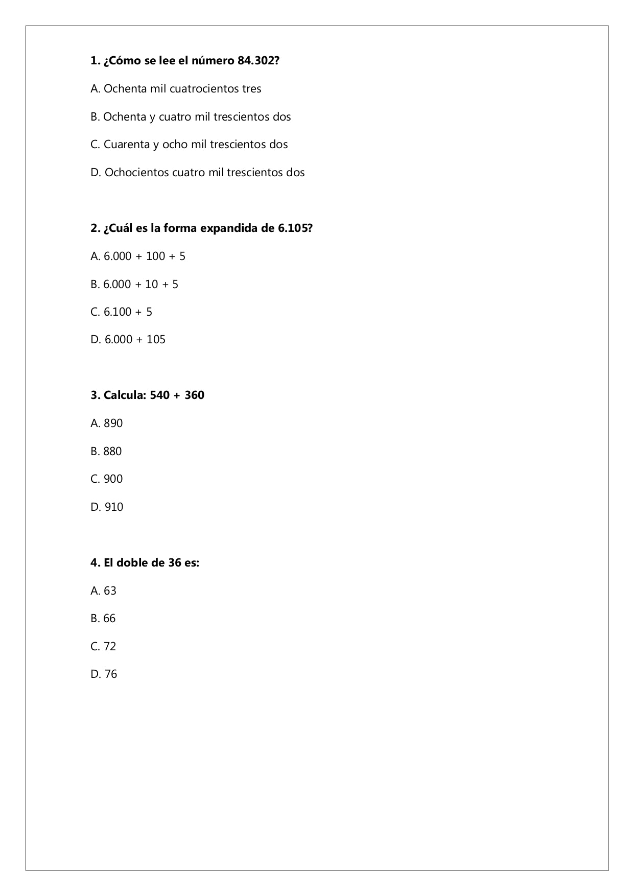 Ensayo SIMCE N°3 Matemática - 4° Básico