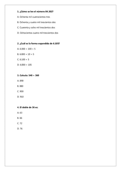 Ensayo SIMCE N°3 Matemática - 4° Básico
