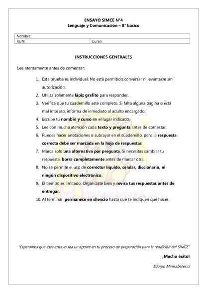 Ensayo SIMCE Lenguaje 8° Básico – N°4