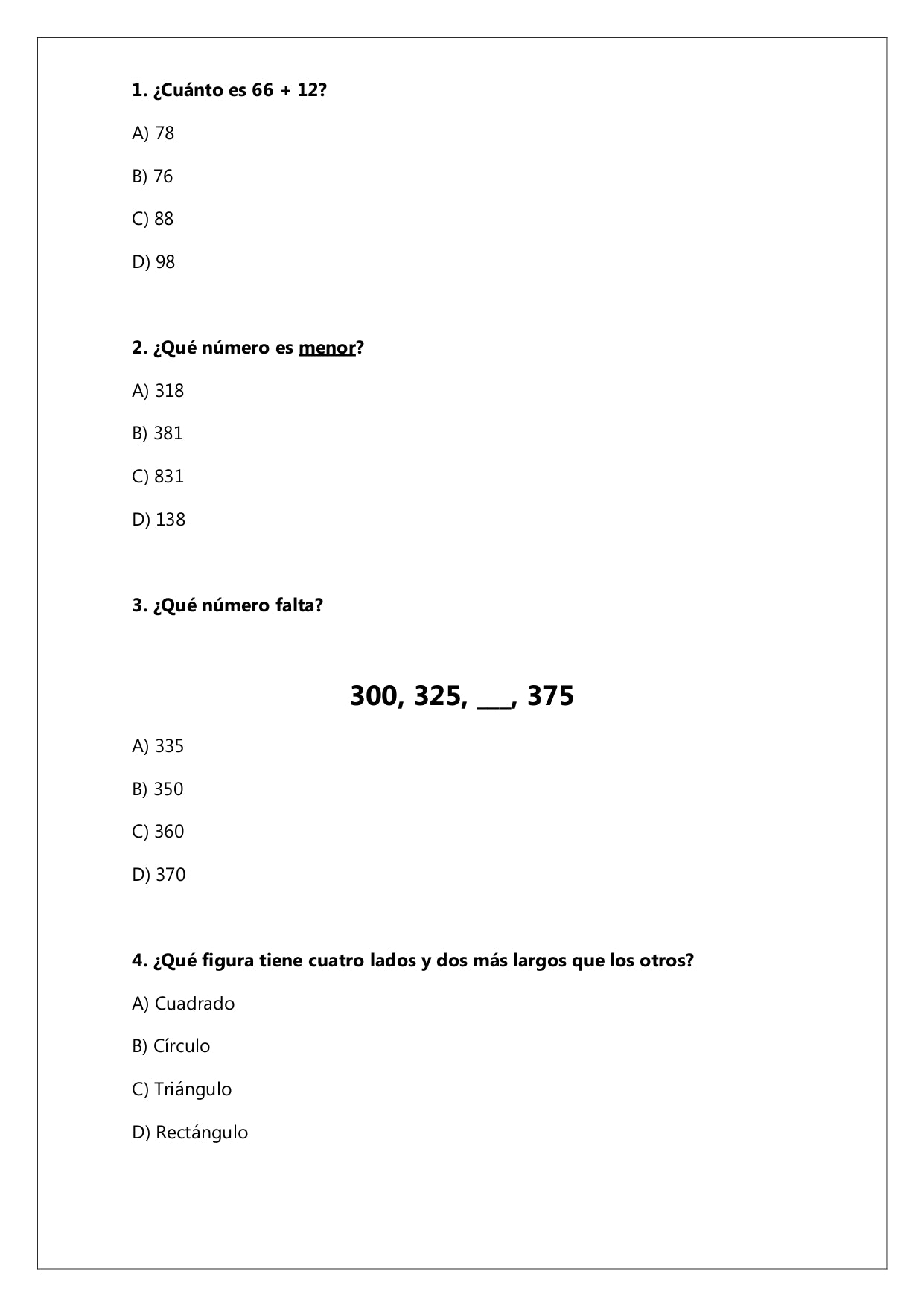 Ensayo SIMCE N°4 Matemática - 2° Básico