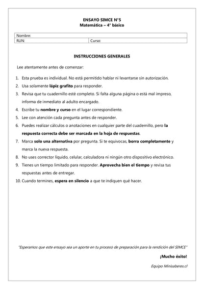 Ensayo SIMCE N°5 Matemática - 4° Básico
