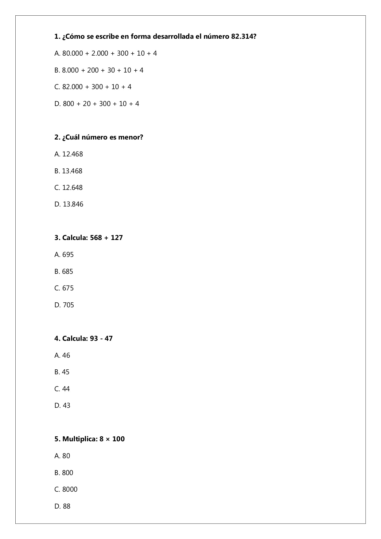 Ensayo SIMCE N°8 Matemática - 4° Básico