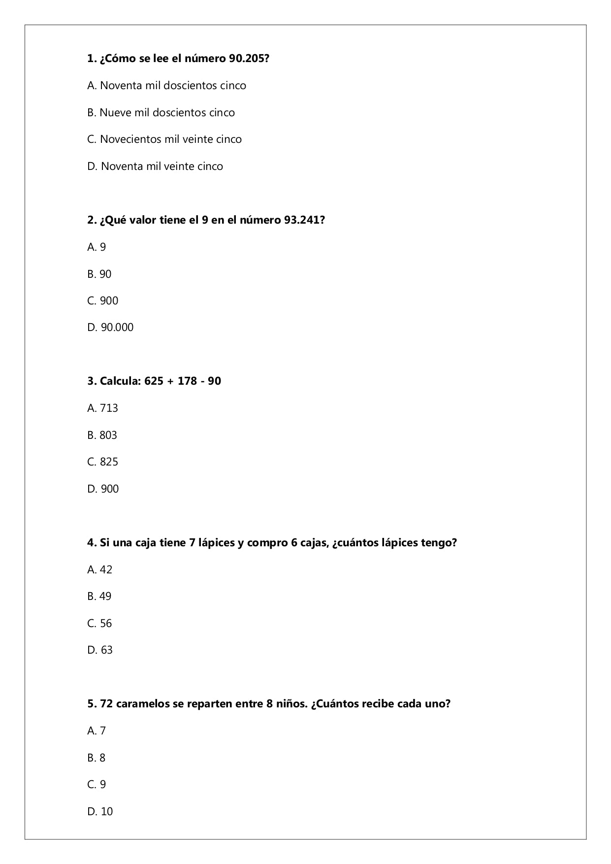 Ensayo SIMCE N°9 Matemática - 4° Básico