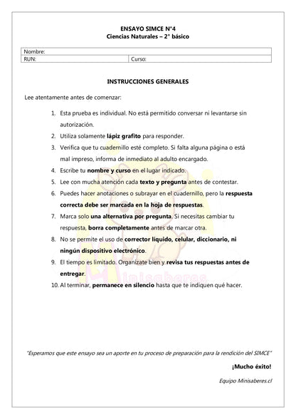 Ensayo SIMCE Ciencias 2° Básico – N°4