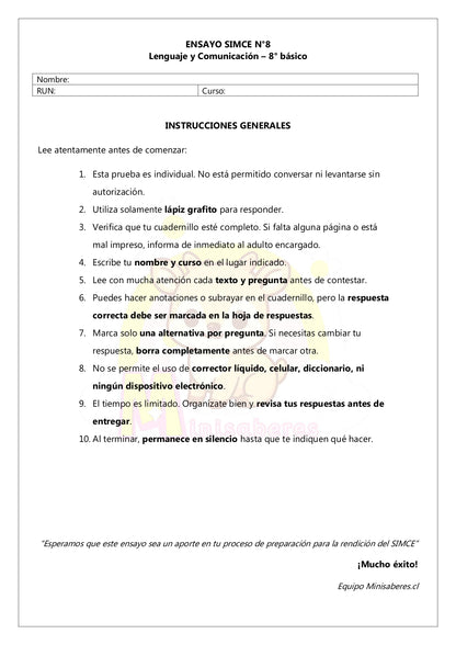 Ensayo SIMCE Lenguaje 8° Básico – N°8