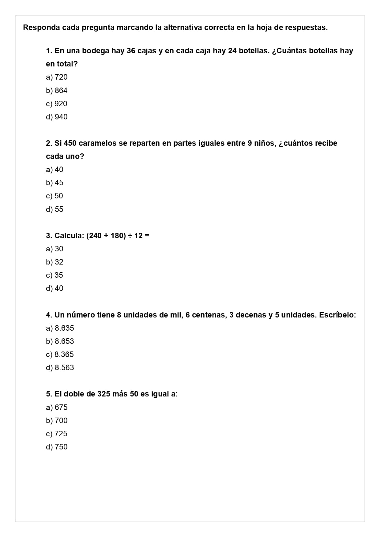 Ensayo SIMCE C - Matemática 4° básico