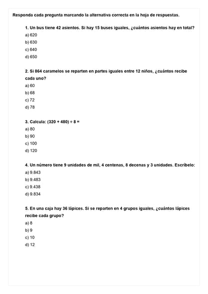 Ensayo SIMCE D - Matemática 4° básico