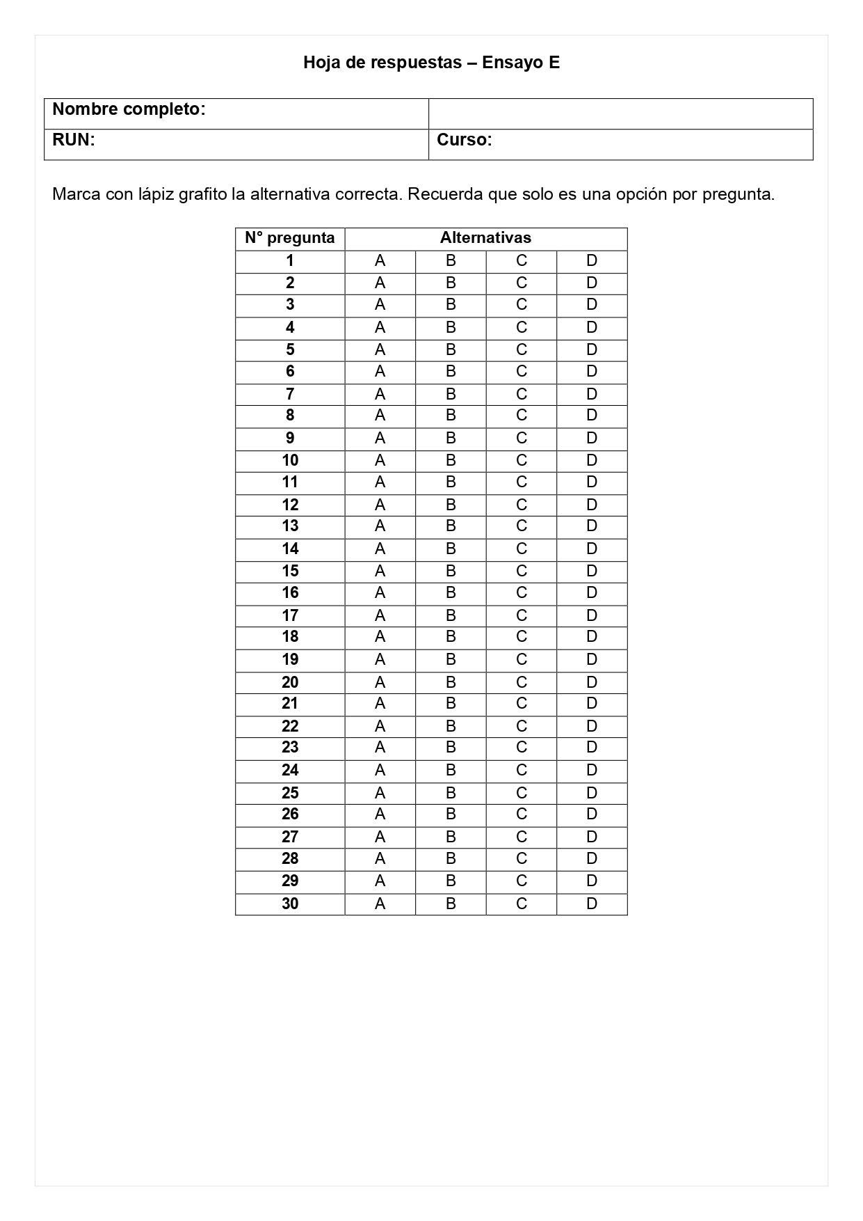 Ensayo SIMCE E - Matemática 4° básico