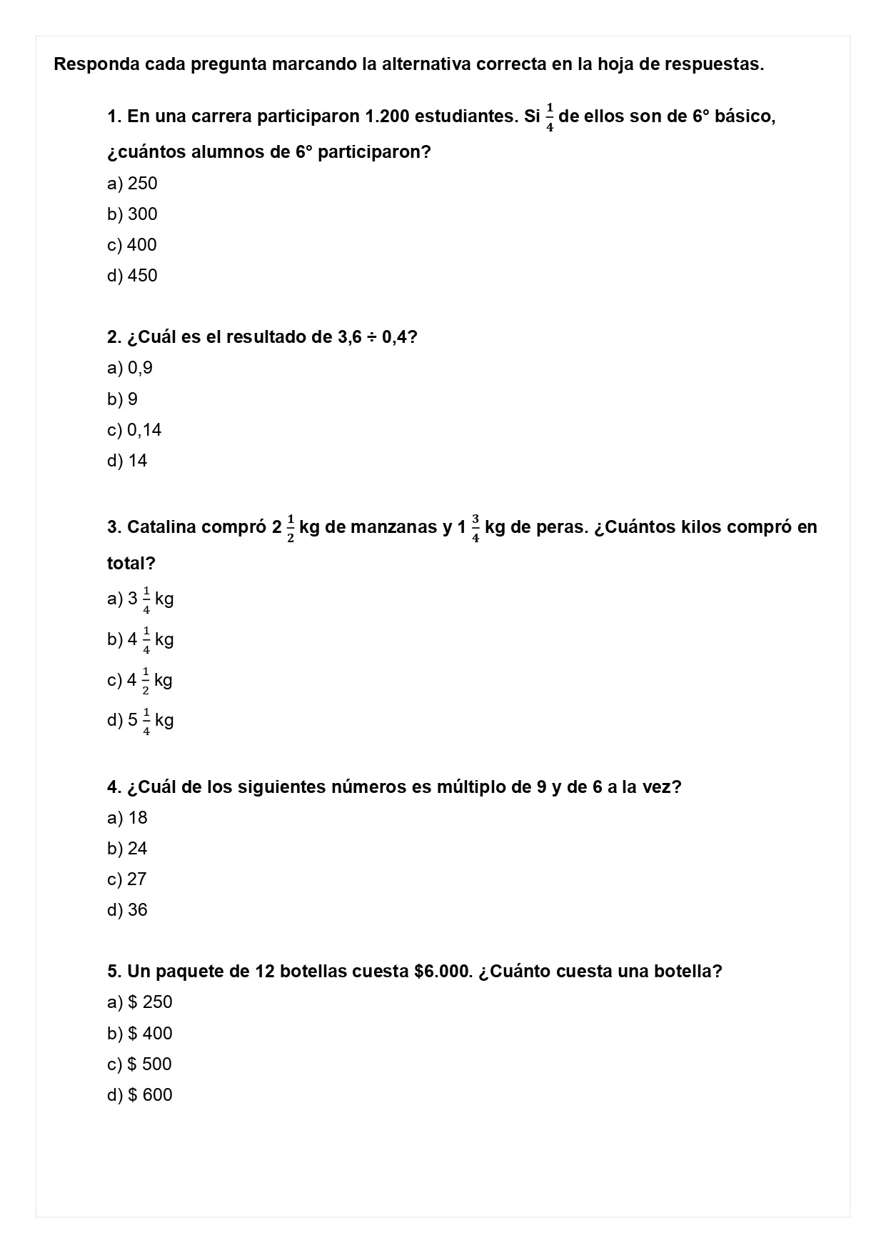 Ensayo SIMCE A - Matemática 6° básico