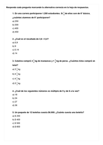 Ensayo SIMCE A - Matemática 6° básico