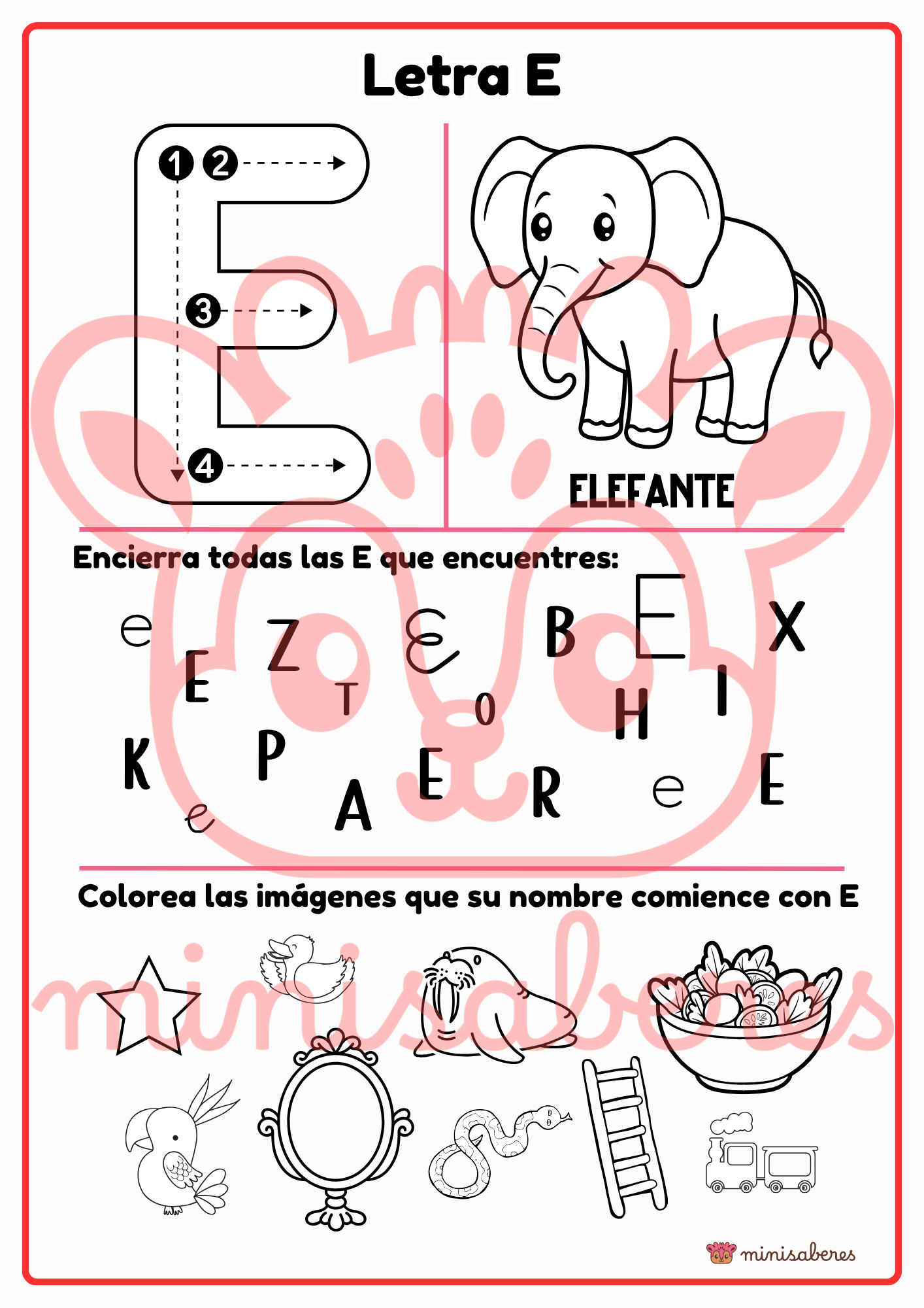 Letra Basic Ficha de trabajo: Letra E | Lenguaje - 1° básico – Minisaberes