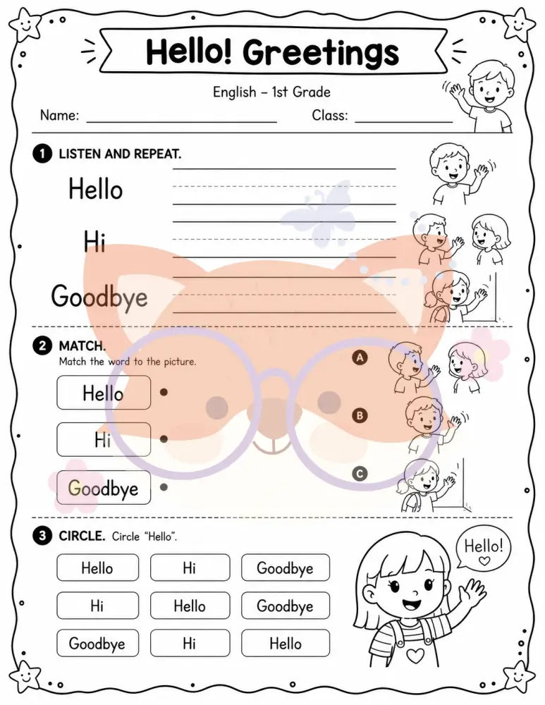 Greetings: Hello! – Inglés 1º Básico | Worksheet imprimible para apren ...
